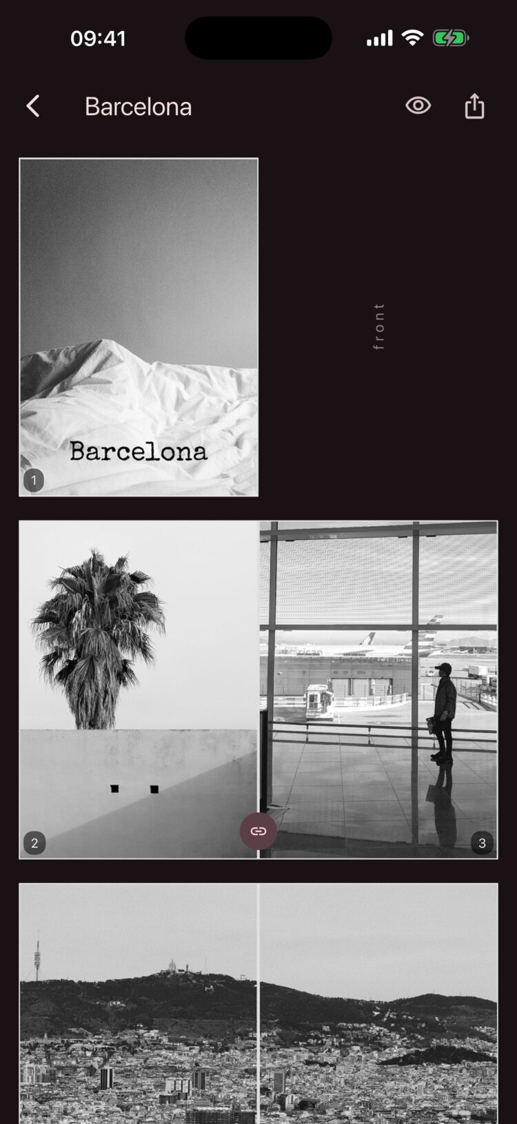 The zine overview in the app: cover, facing pairs, a photo spanning the fold.
