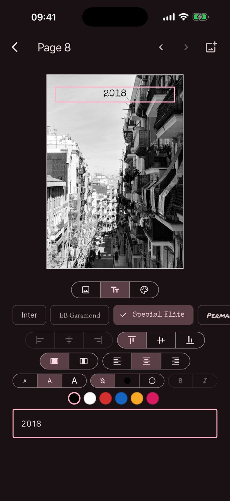 The page editor: a photo with a line of text and the tools for typeface, size and color.